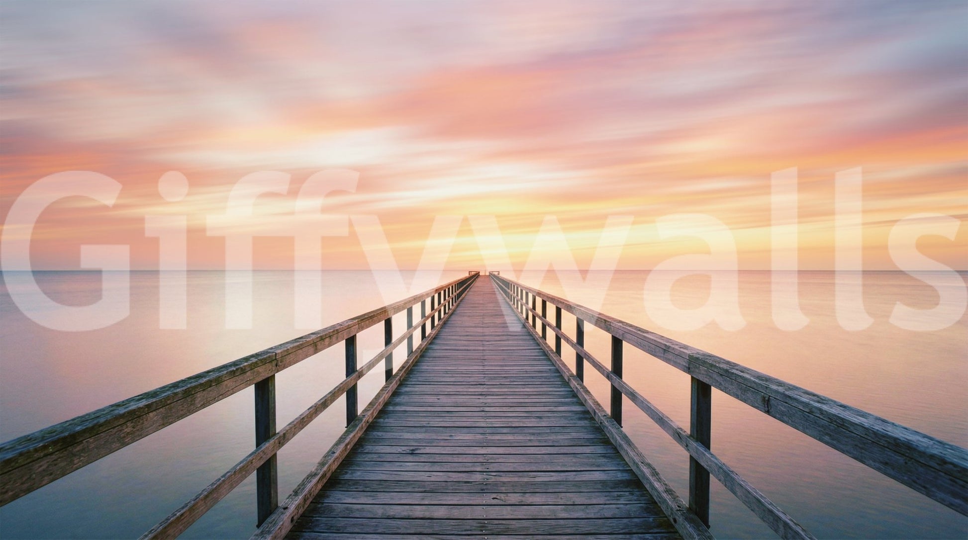 Calm water and pastel light define Pier to Dreams Wall Mural with endless depth ahead
