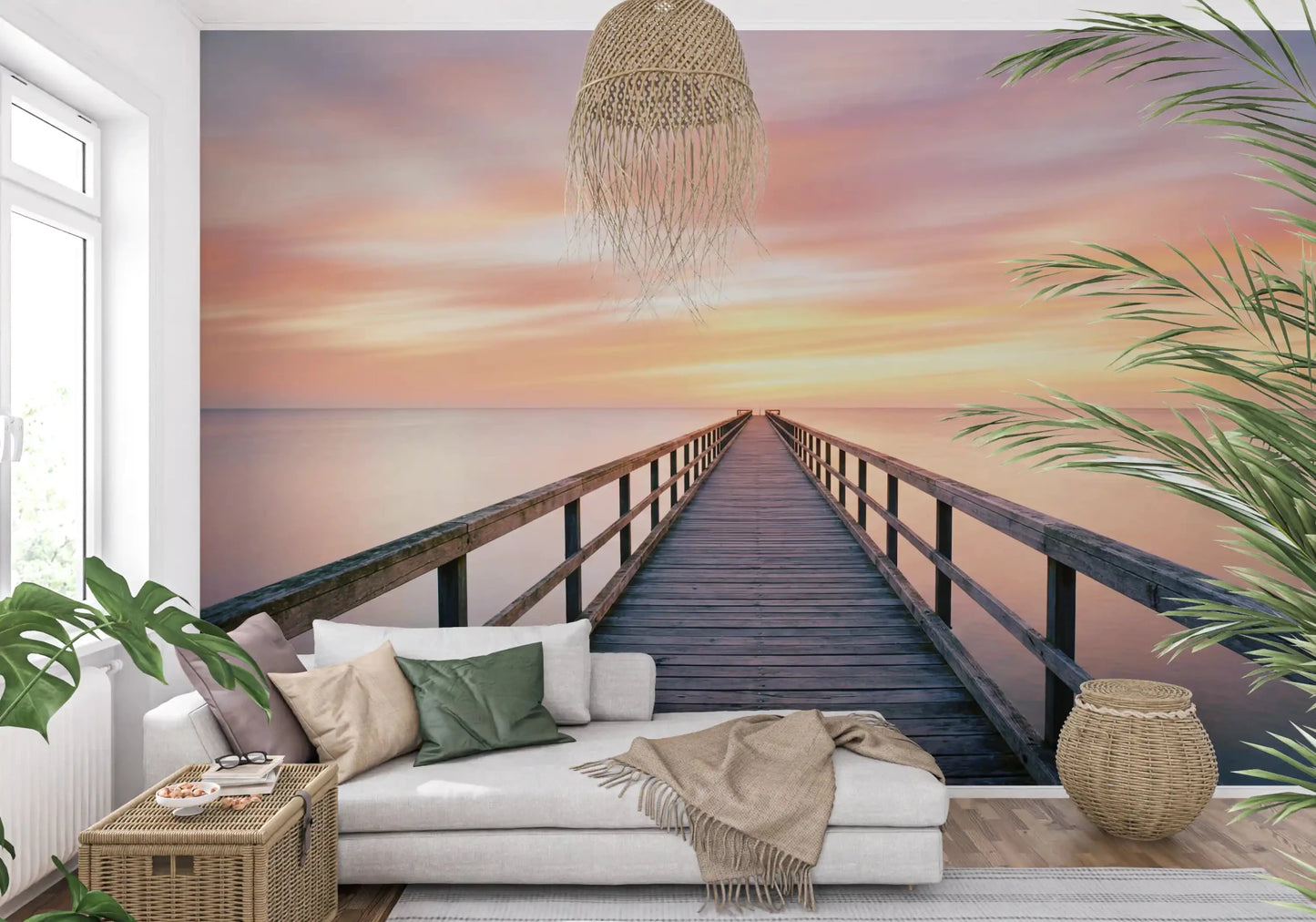 Cozy lounge featuring Pier to Dreams Wall Mural above a cream sectional sofa
