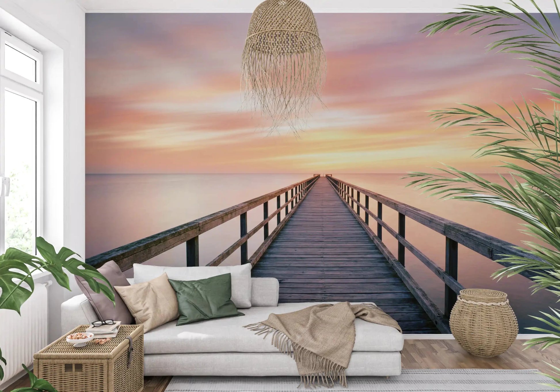 Cozy lounge featuring Pier to Dreams Wall Mural above a cream sectional sofa