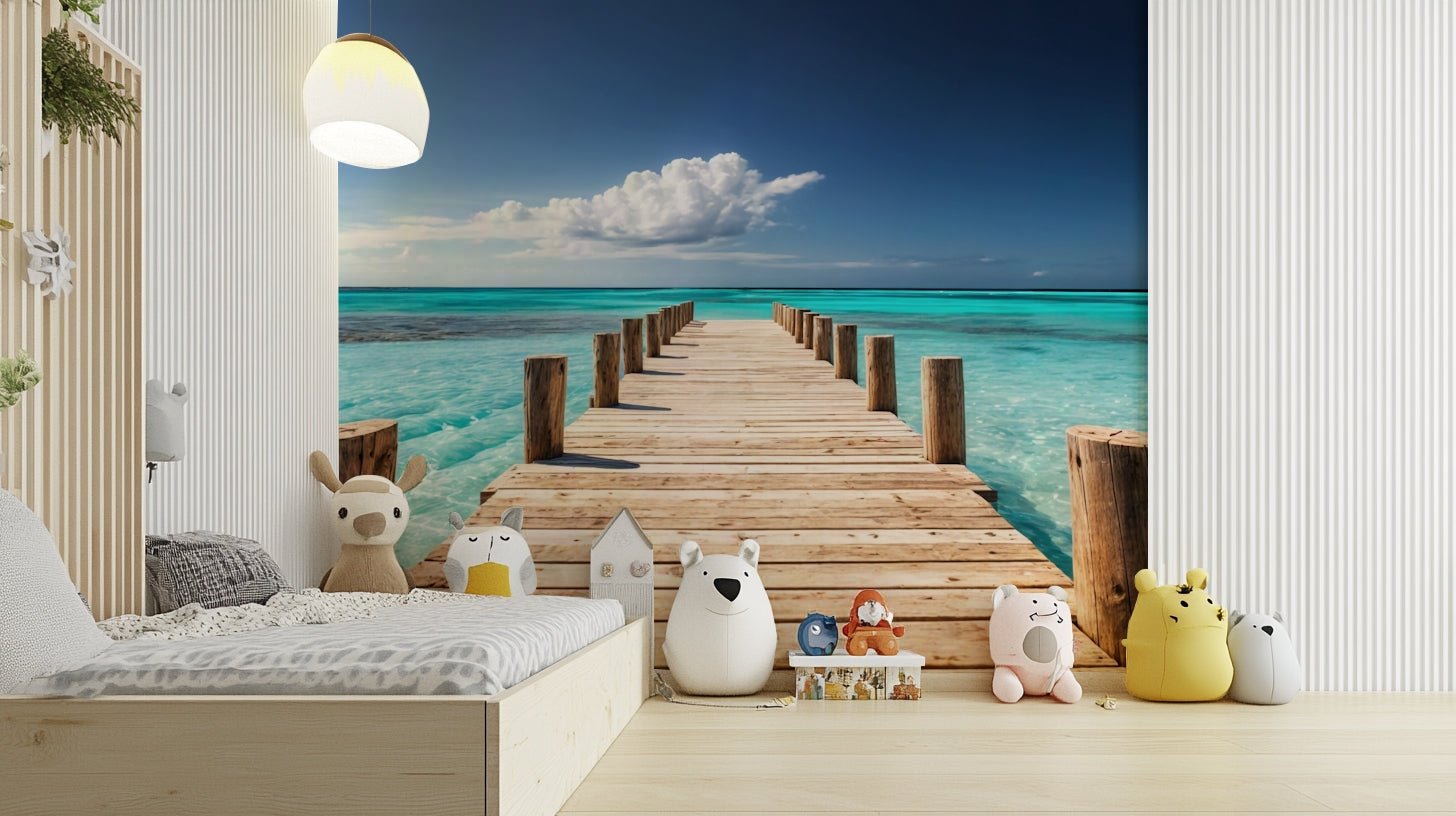The image shows an artistic impression of a serene pier and water scene.

