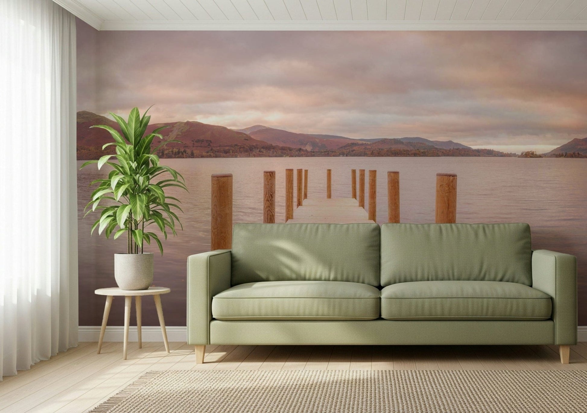 Piering into Nature's Heart Wall Mural in a minimalist living room with neutral wooden furniture.