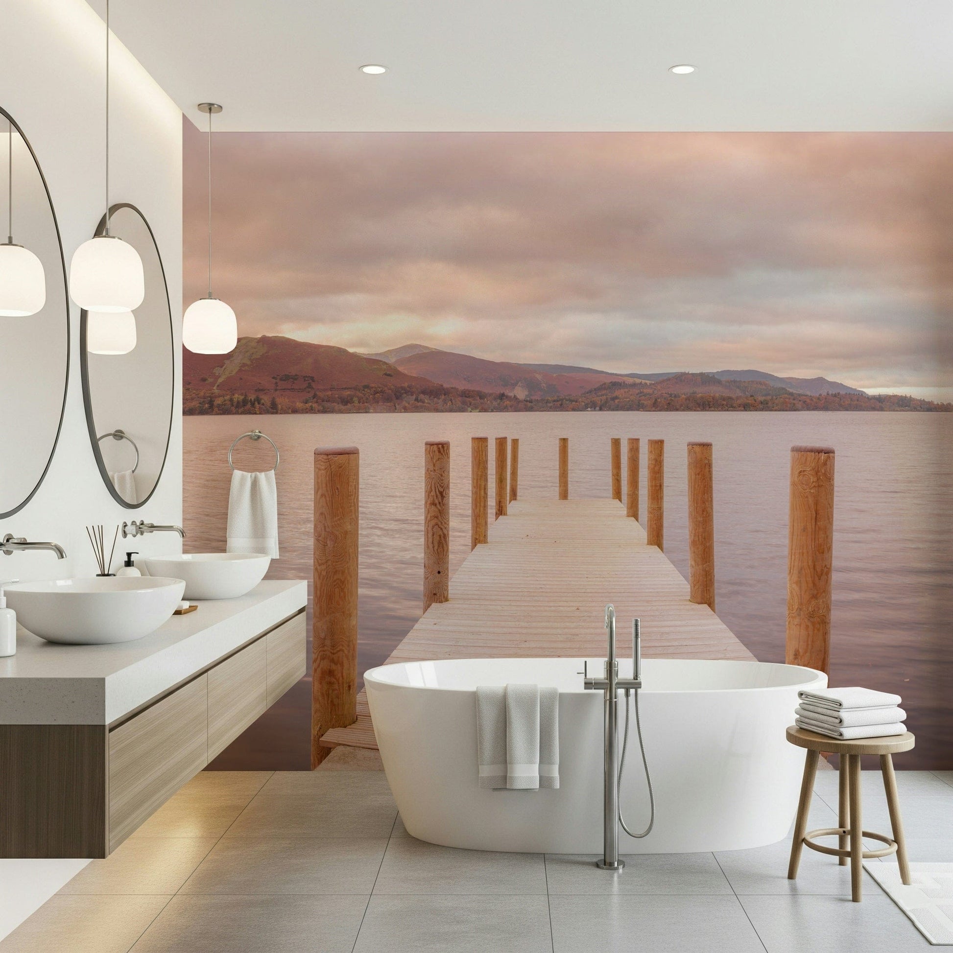 Elegant nature mural paired with contemporary furniture in an open floor plan.