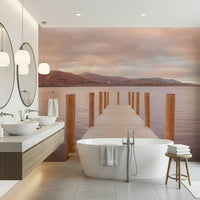 Elegant nature mural paired with contemporary furniture in an open floor plan.