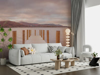 Calm woodland wall mural used as a backdrop for a modern home office desk.