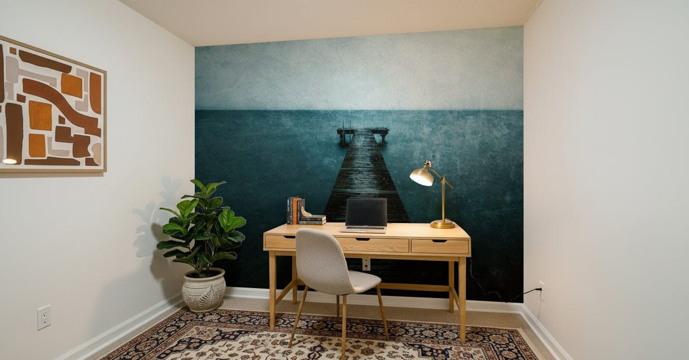 Large scale ocean wallpaper for an open plan apartment living area.