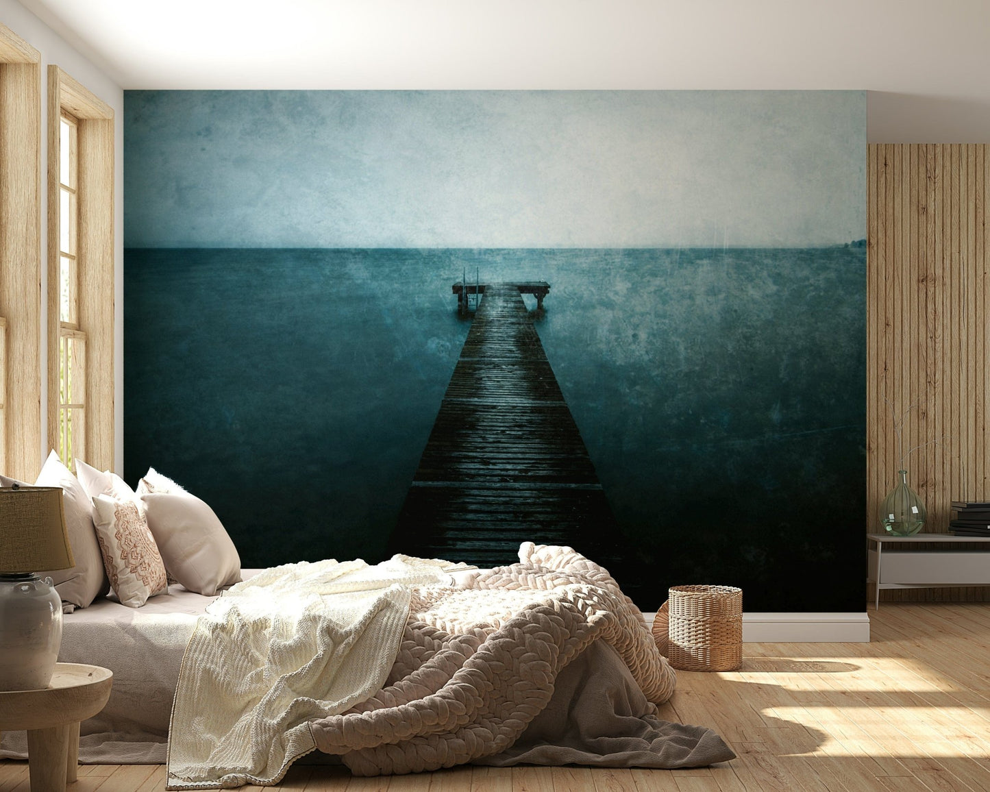 Wooden boardwalk wall mural in a minimalist guest room or study.