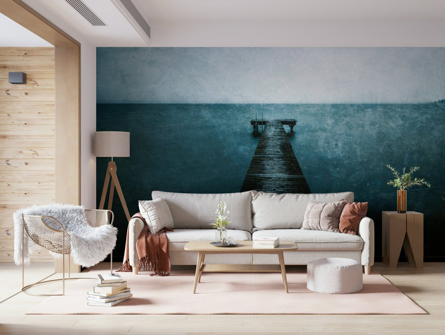 Serene maritime scene wall mural for a relaxing lounge atmosphere.