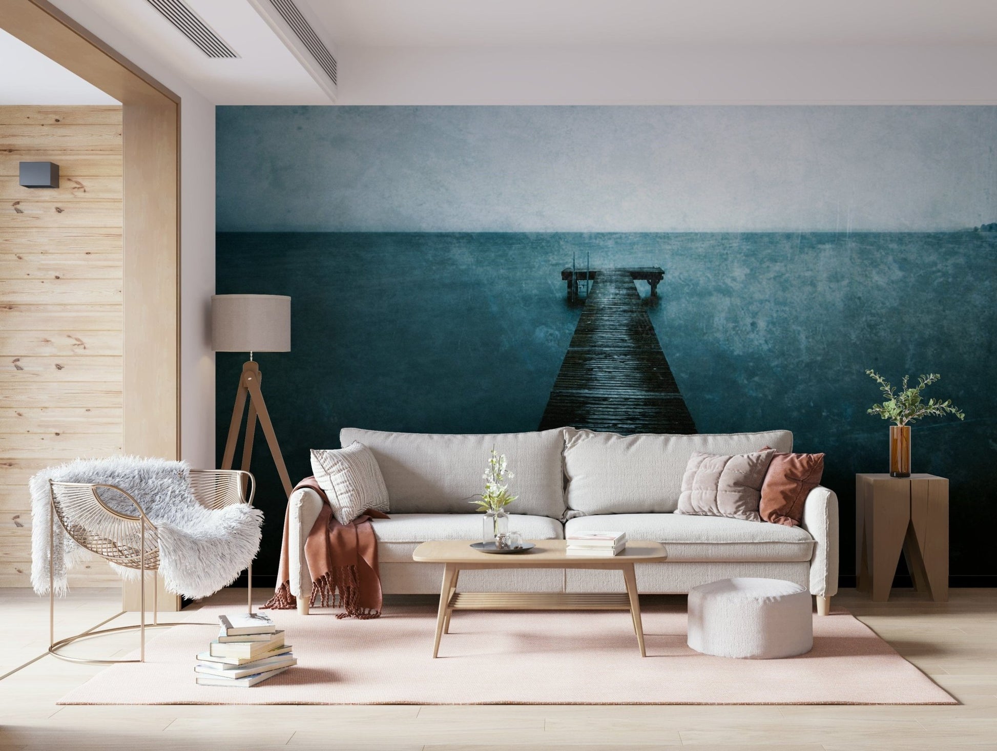 Serene maritime scene wall mural for a relaxing lounge atmosphere.