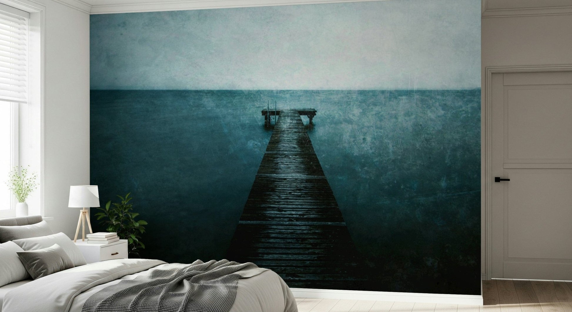 Blue water and pier wall mural in a modern dining room setting.