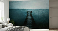 Blue water and pier wall mural in a modern dining room setting.
