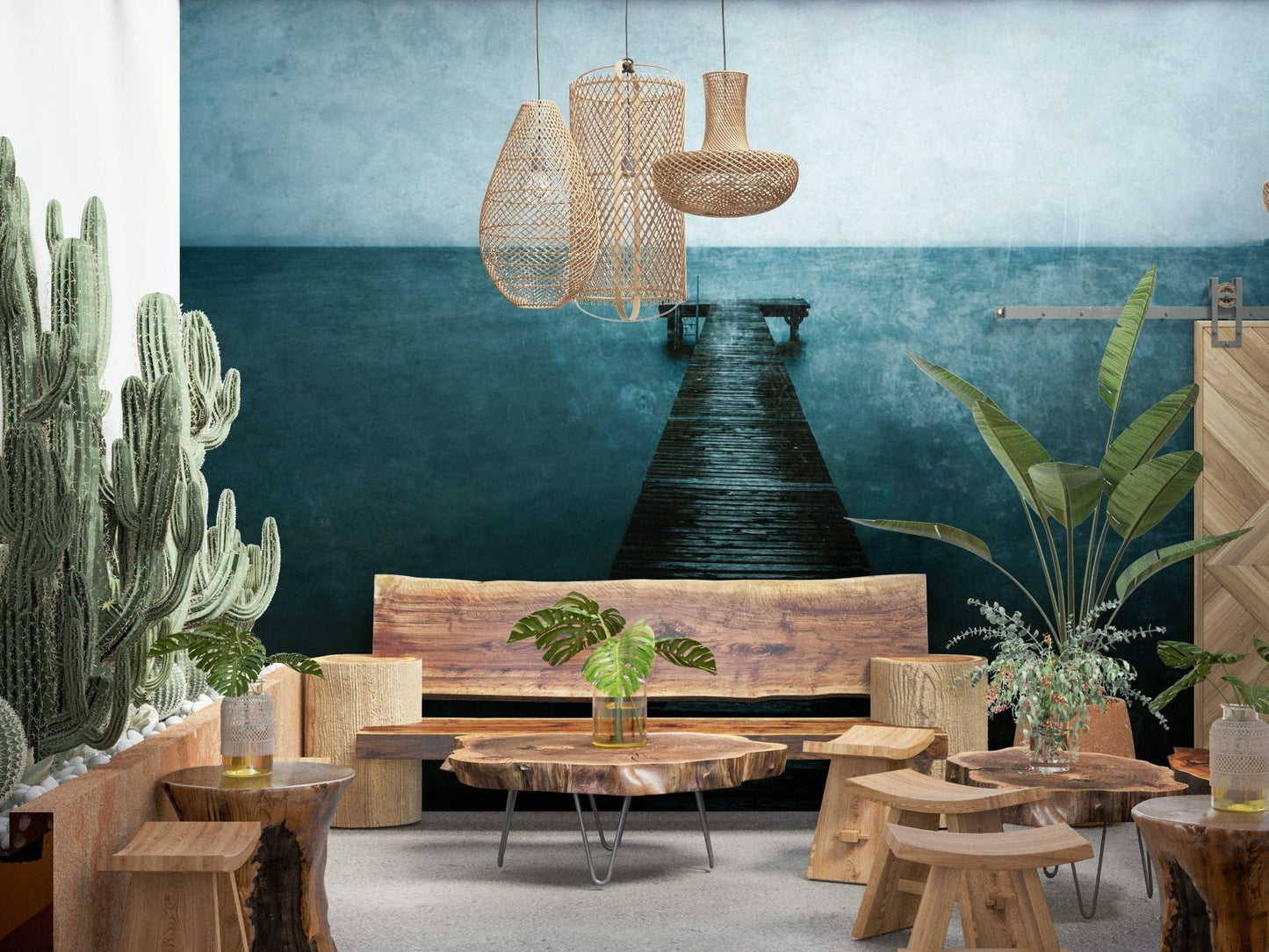 Coastal wooden pier wall mural for a calm and airy bedroom interior.