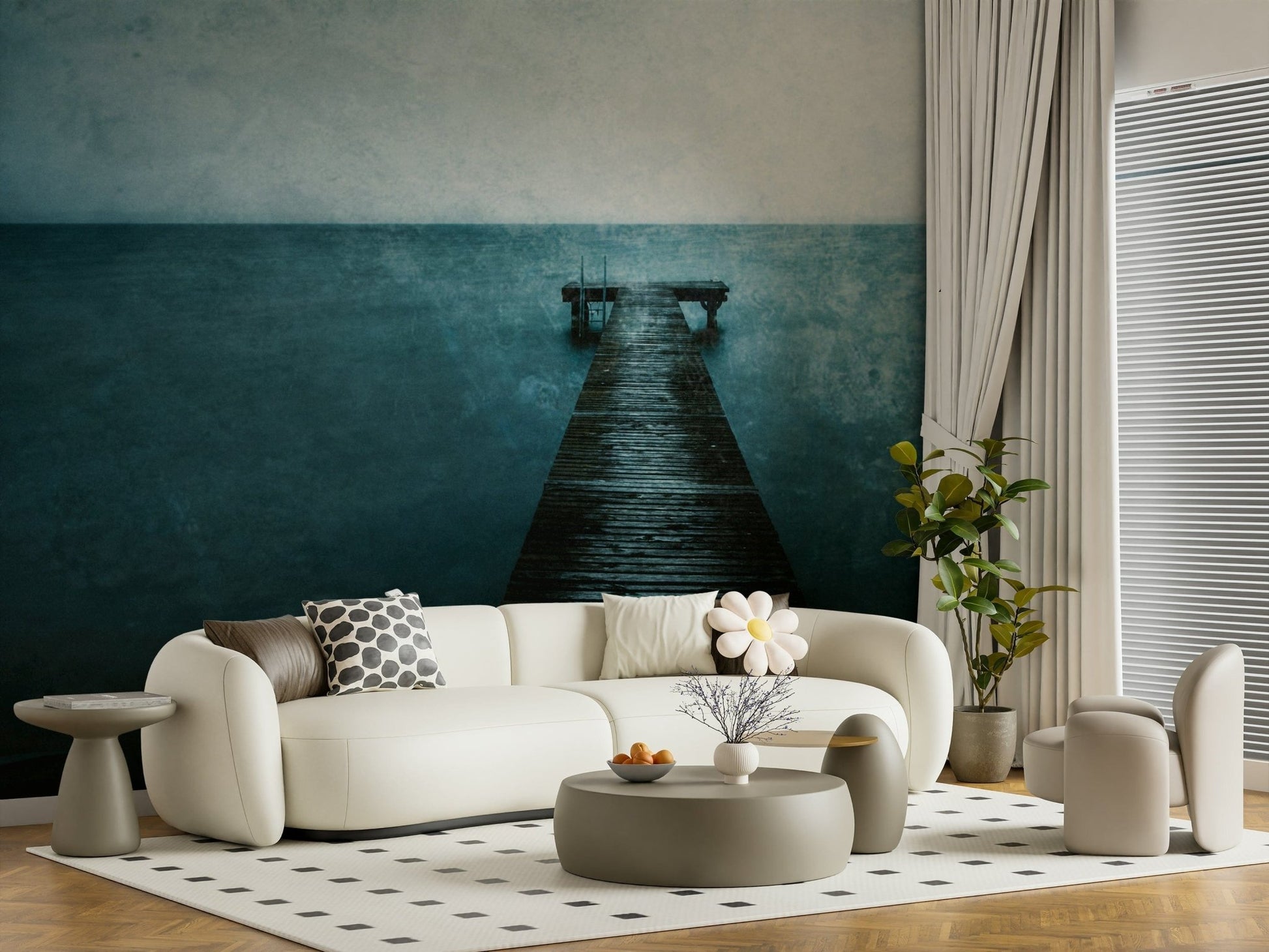 Ocean perspective wallpaper for a quiet home office feature wall.