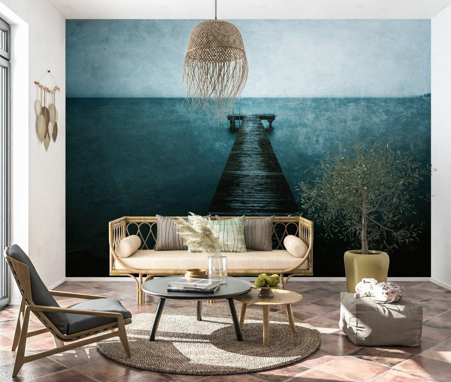 Pier's Edge Wall Mural in a bright living room with seaside decor wallpaper., GD5851