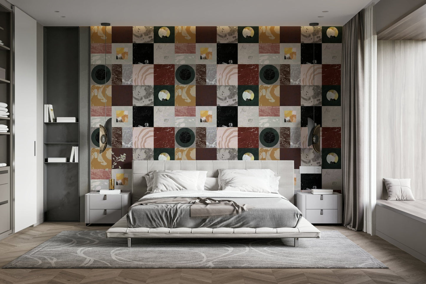 Neutral-toned wallpaper resembling smooth stone slabs

