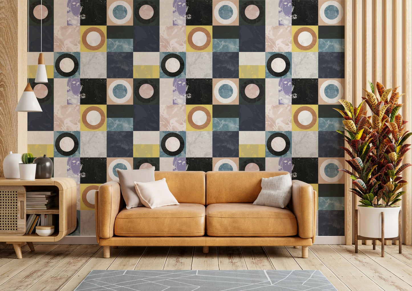 Stone-inspired wallpaper used in a contemporary office

