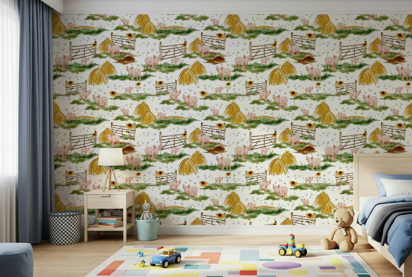 Piggy Farm Watercolor wall mural. Charming pigs and haystacks farm design.