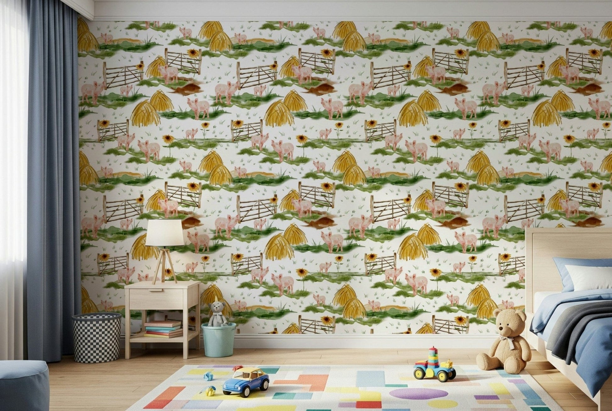 Piggy Farm Watercolor wall mural. Charming pigs and haystacks farm design.
