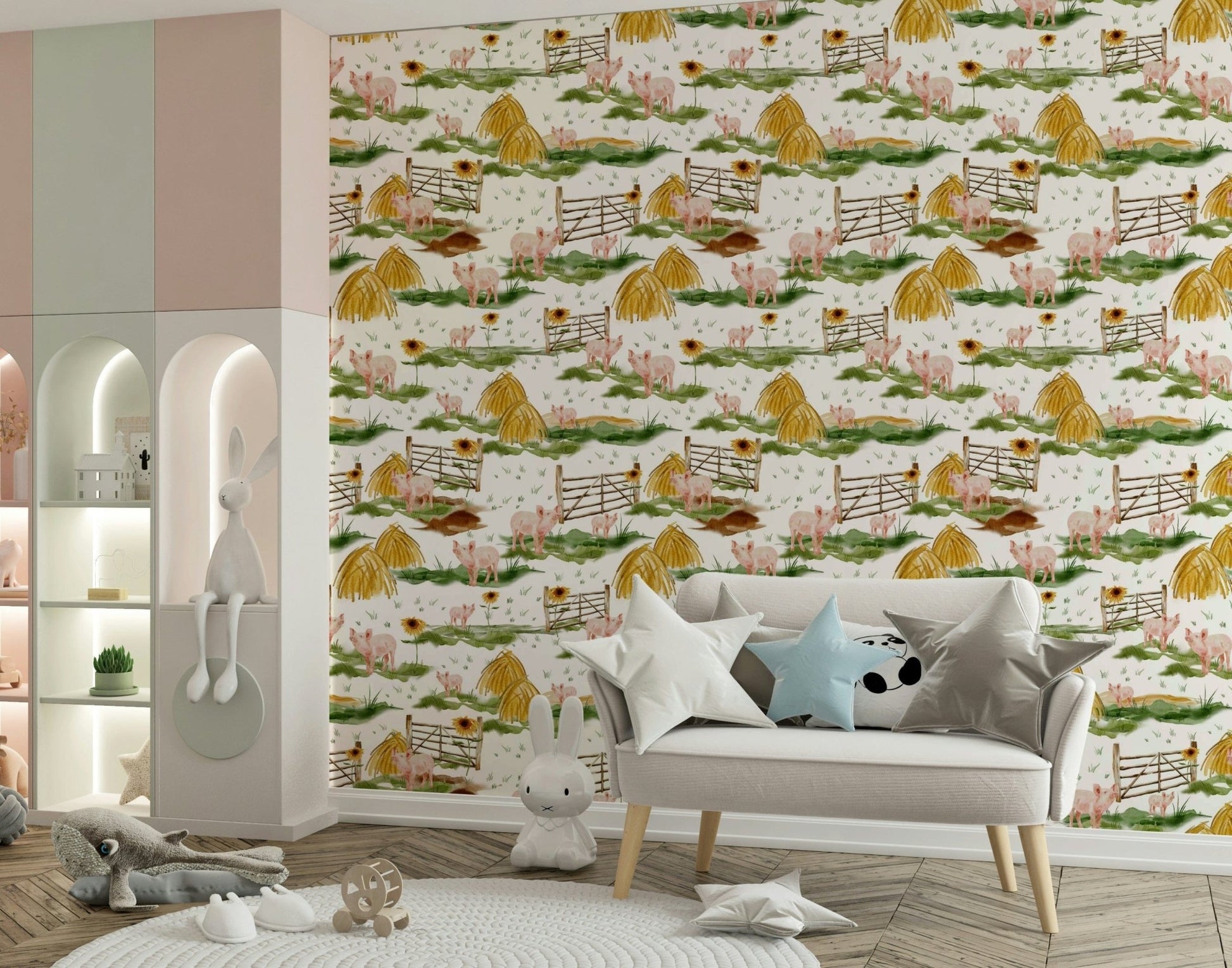 Decorative Piggy Farm Watercolor peel and stick wallpaper. Easy installation.