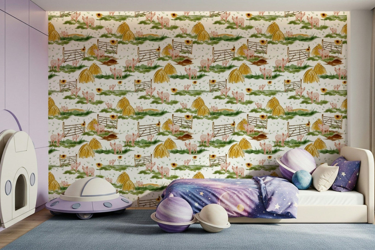 Rustic Piggy Farm Watercolor wallpaper. Pink pigs exploring the meadow setting.