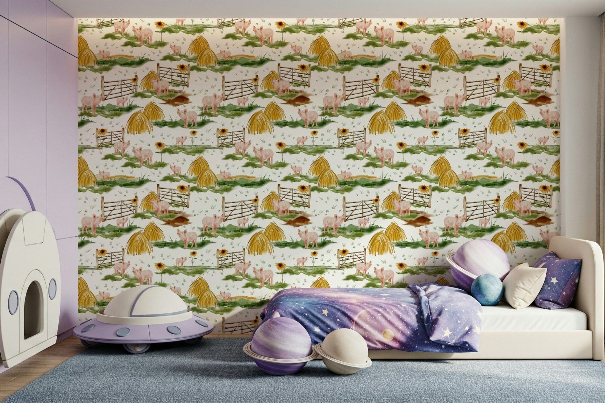 Rustic Piggy Farm Watercolor wallpaper. Pink pigs exploring the meadow setting.