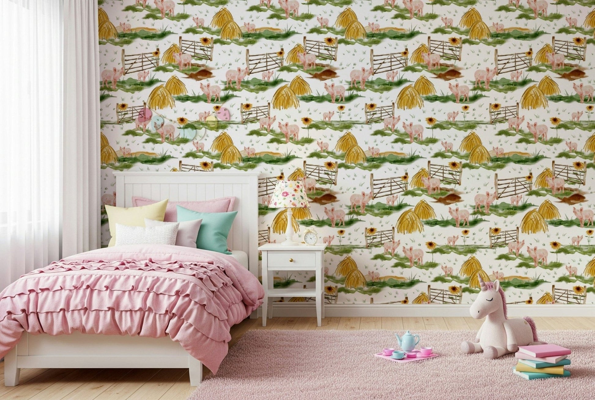Sweet watercolor piglet wallpaper mural with rustic wooden gates. Order now.