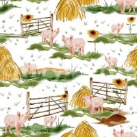 Farm animal themed Piggy Farm wall mural. Hand-drawn look is captivating.