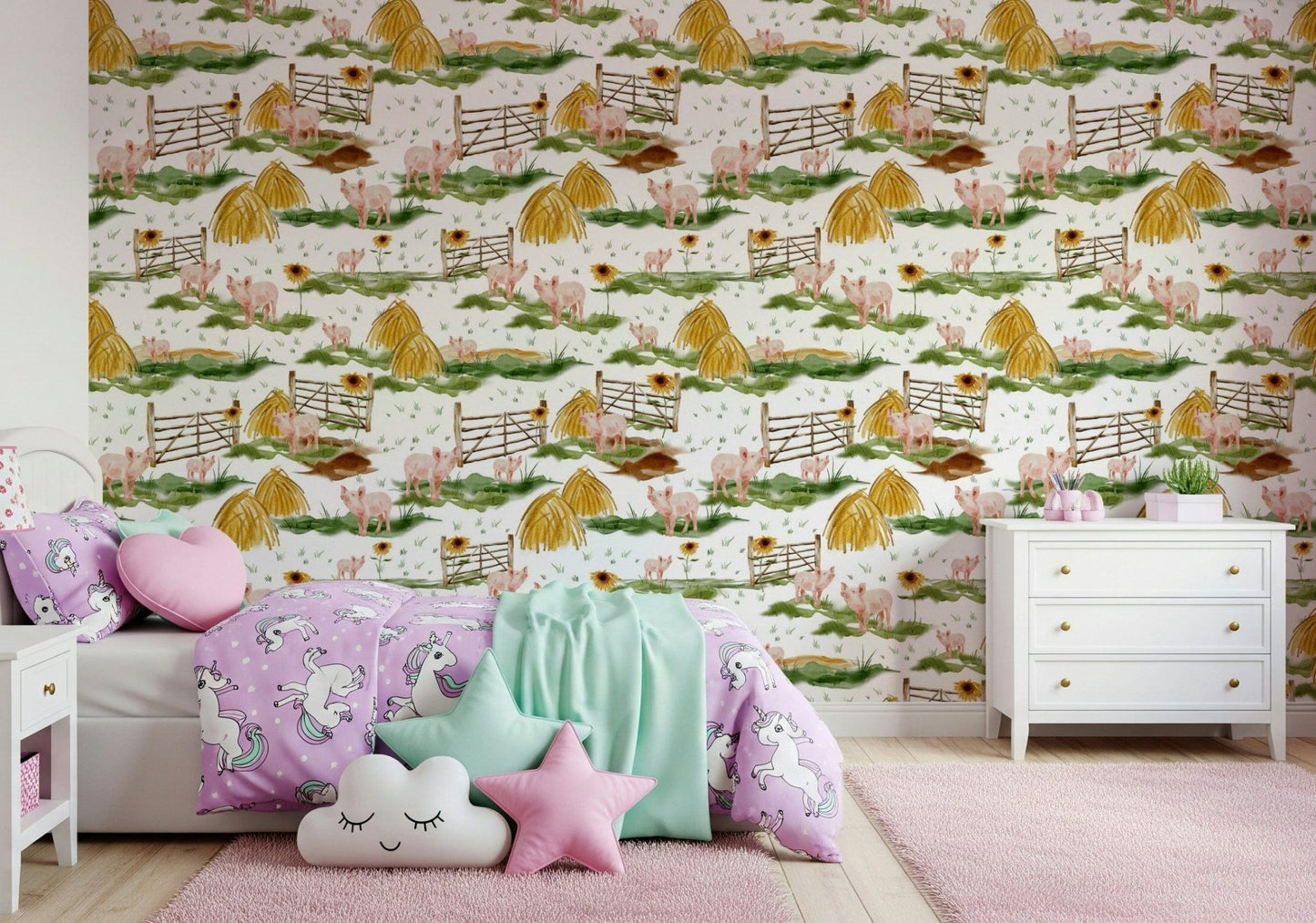 Whimsical Piggy Farm Watercolor wallpaper for walls. Cute barnyard animal pattern.