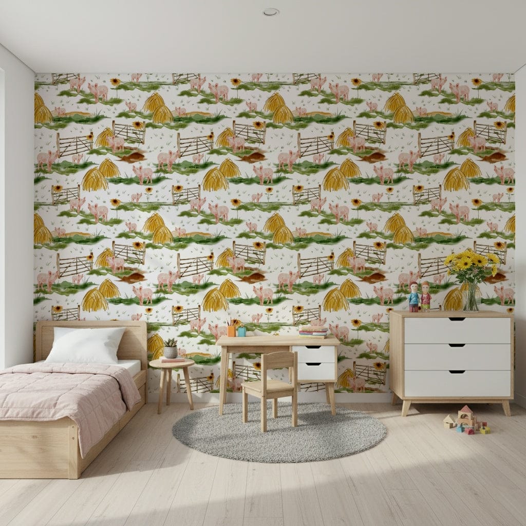 Country-style Piggy Farm wall decor. Wooden fence and little farm pigs.