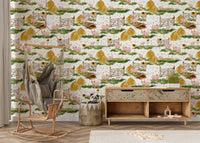 Farmyard scene wallpaper for walls. Piglets near bales of golden hay.