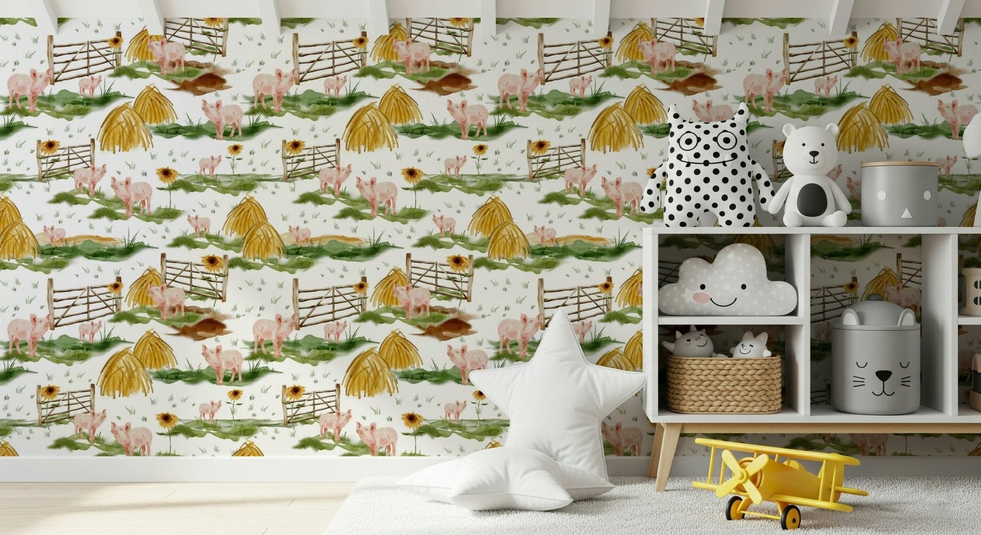 Nursery wall decor: Piggy Farm Watercolor. Hand-painted sunflowers and farm life.