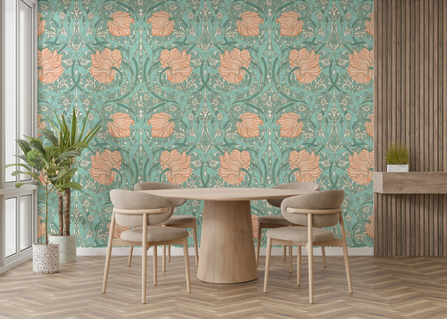 William Morris Pimpernel wallpaper featuring intricate flowers

