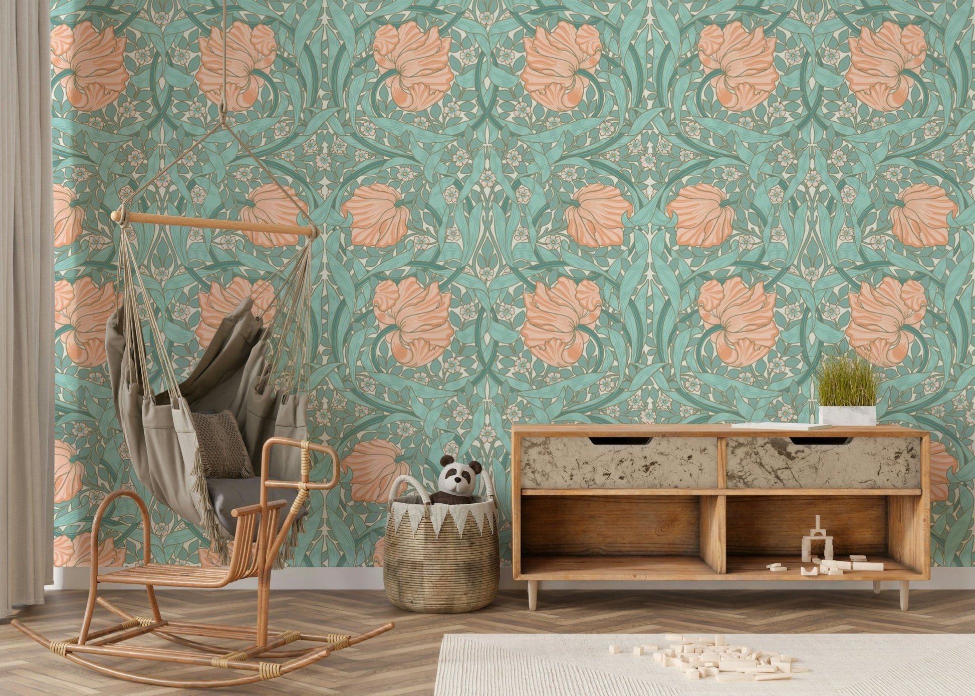 Traditional William Morris Pimpernel wallpaper close-up

