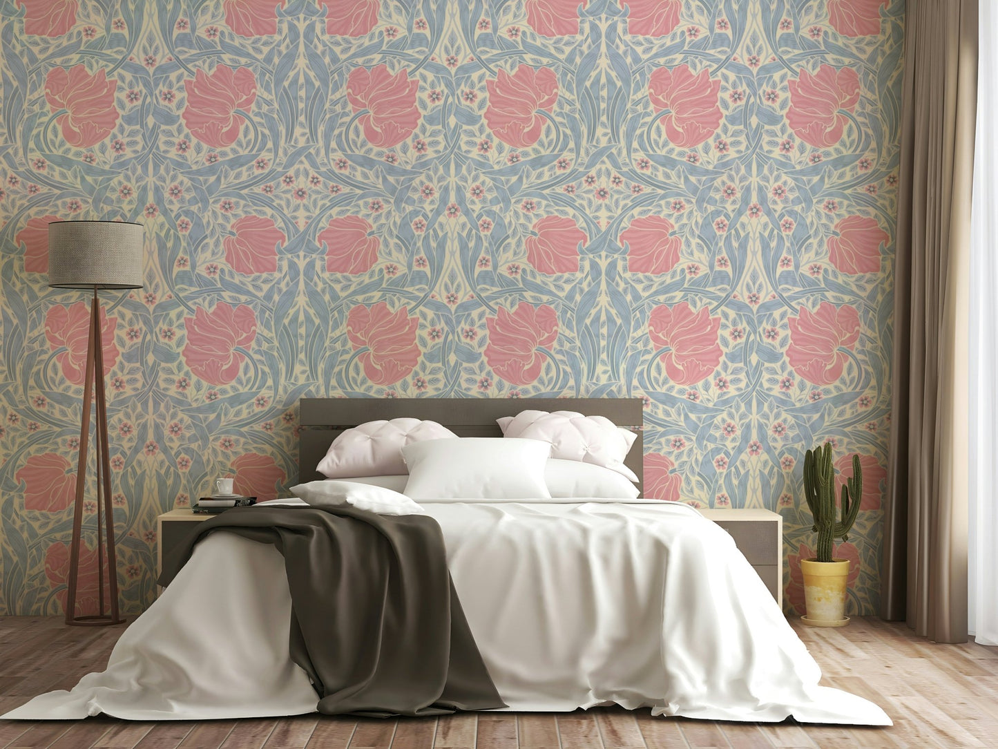 Traditional floral pattern on Pimpernel William Morris wallpaper


