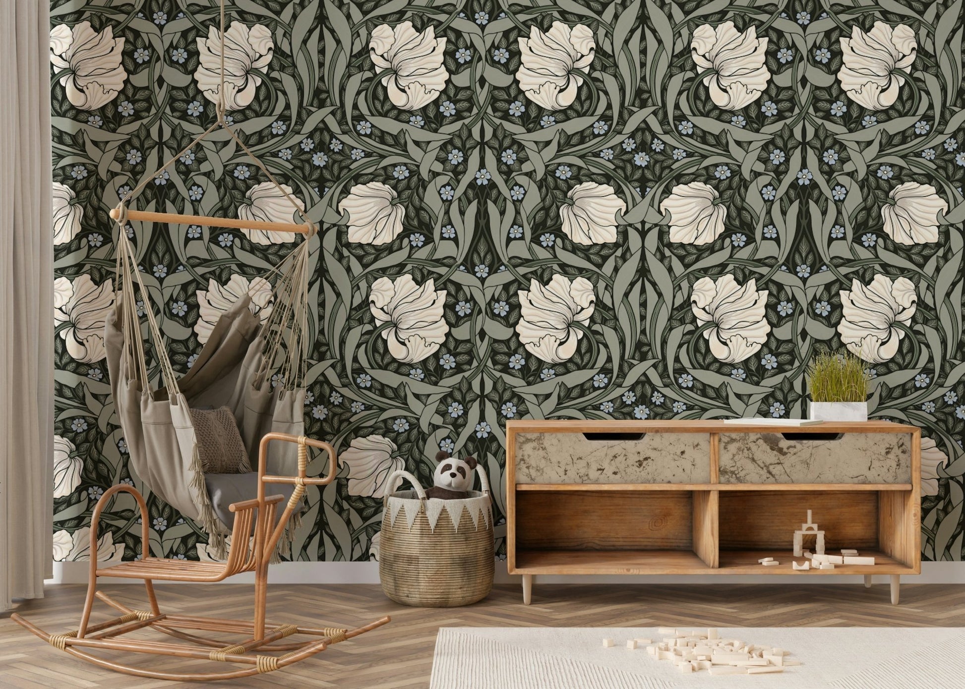 Pimpernel by William Morris wallpaper in a room setting

