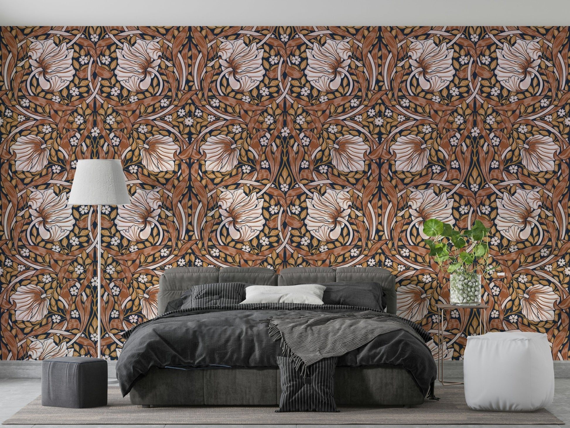 Classic floral pattern of Pimpernel wallpaper by William Morris.

