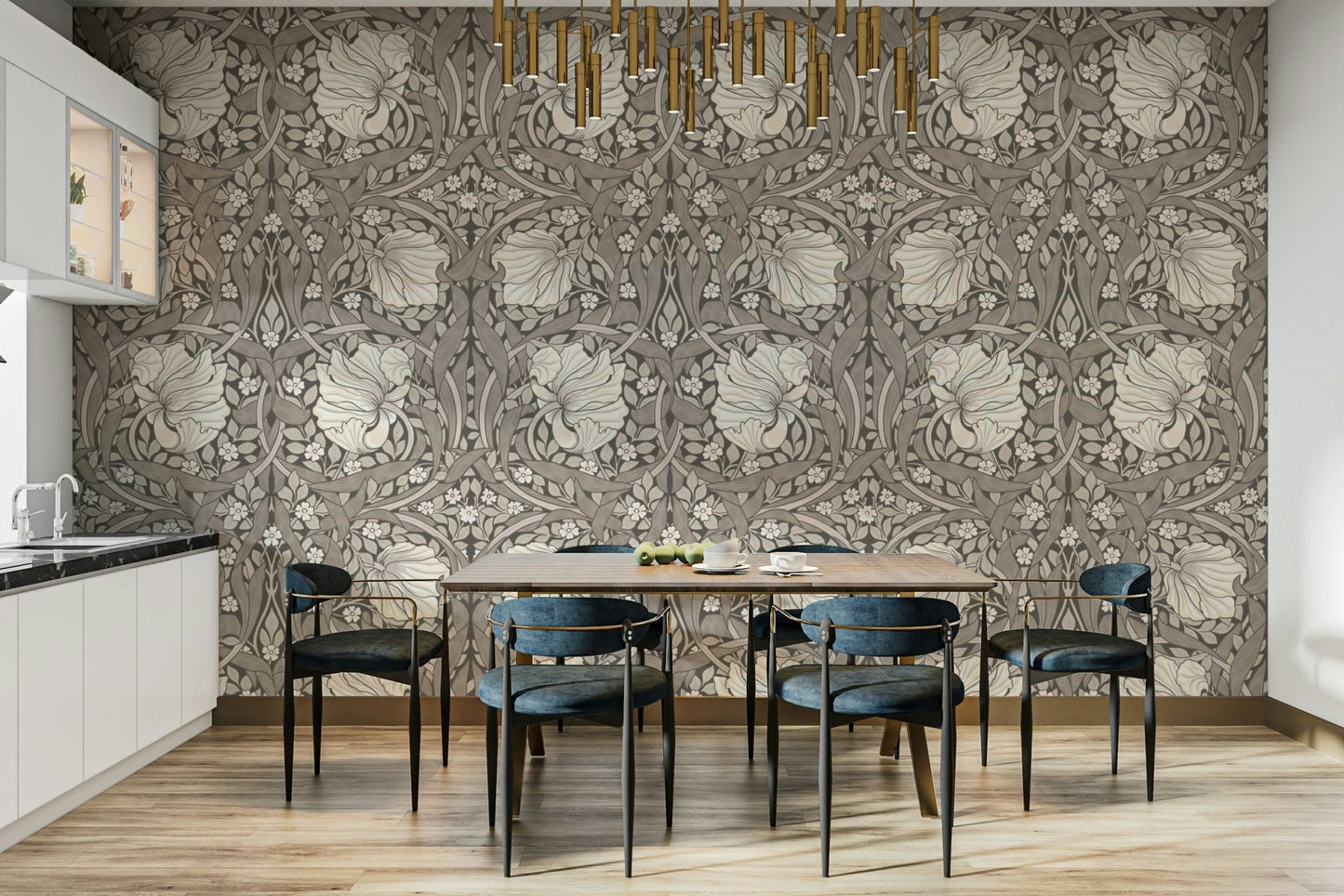 Detailed floral pattern on Pimpernel by William Morris wallpaper

