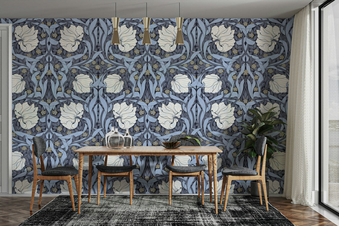 Elegant floral design of Pimpernel wallpaper by Morris.

