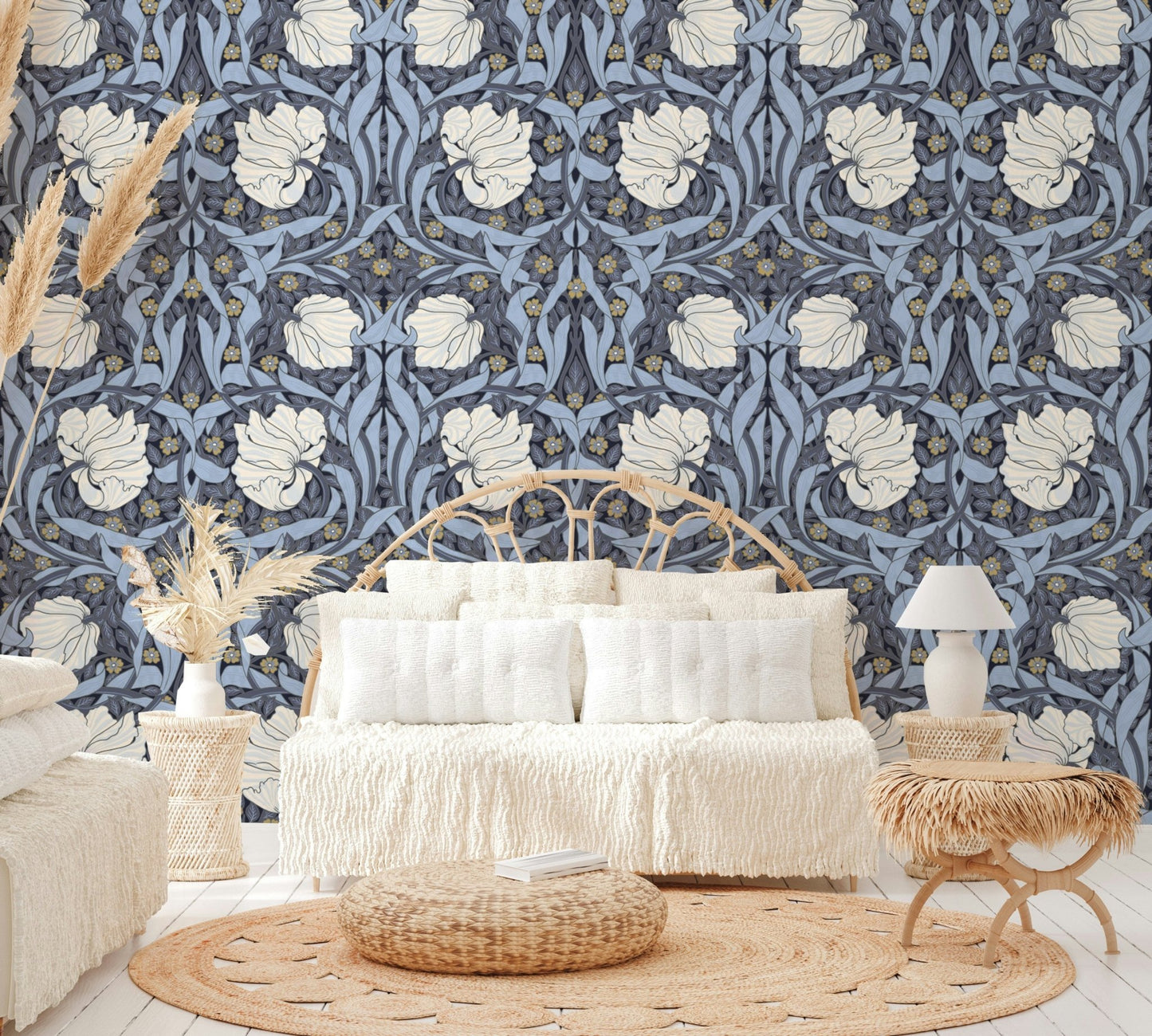 Pimpernel Wallpaper by William Morris in soft tones.

