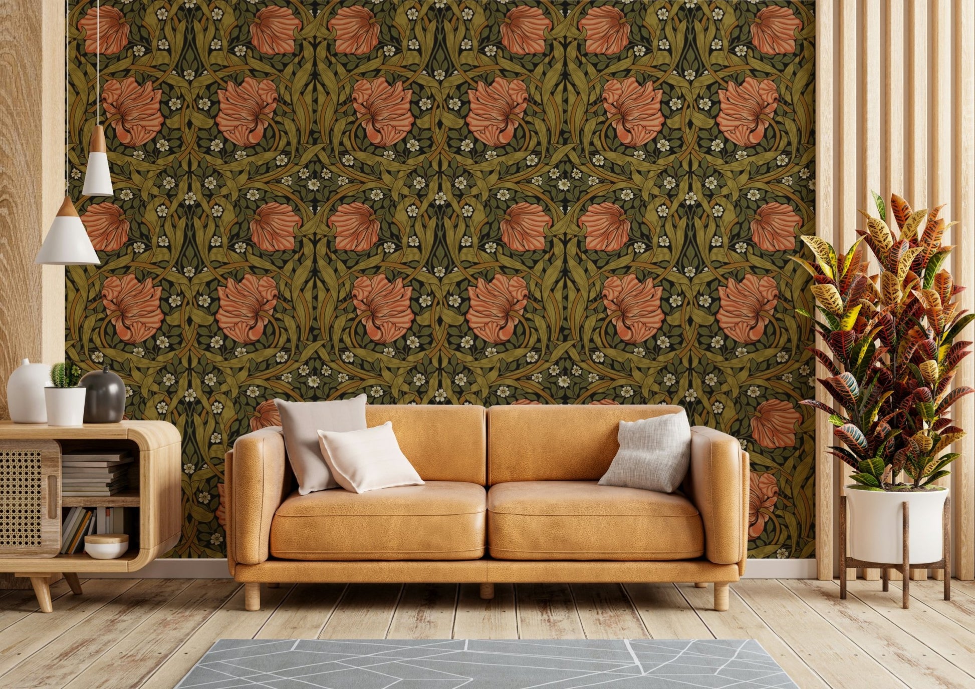 Elegant floral wallpaper featuring Pimpernel by William Morris.

