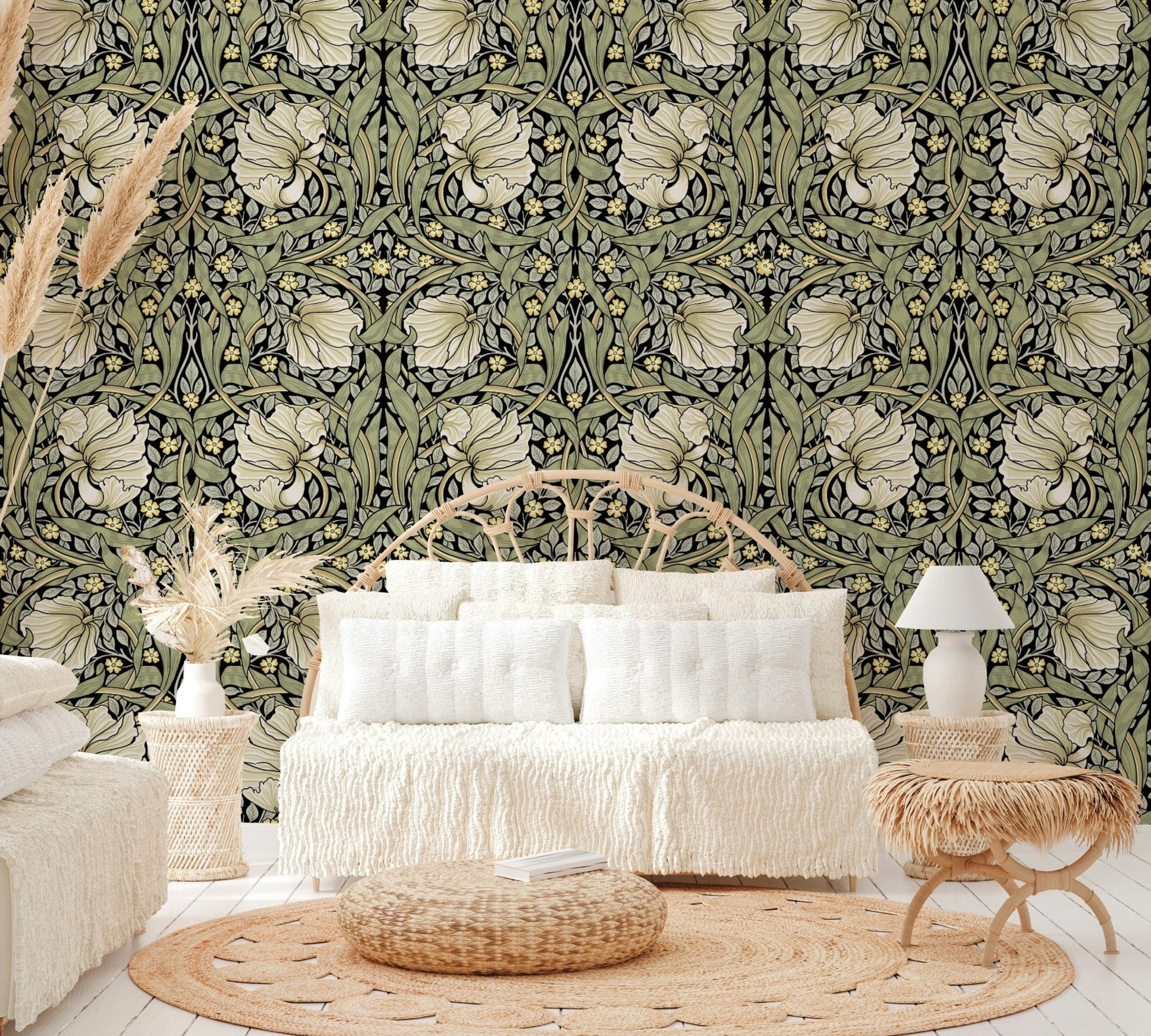 Pimpernel by William Morris 28 wallpaper in a soft color palette.

