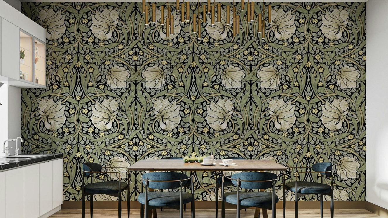 Antique-inspired floral wallpaper, Pimpernel by William Morris 28.

