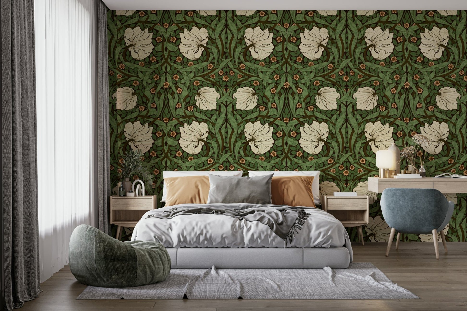 Detailed botanical pattern on Pimpernel wallpaper by William Morris

