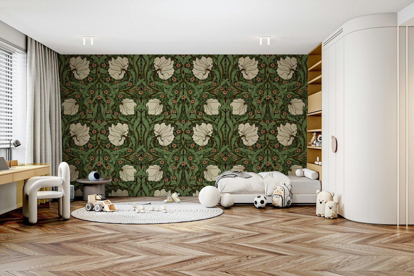 Traditional floral motifs in William Morris Pimpernel wallpaper

