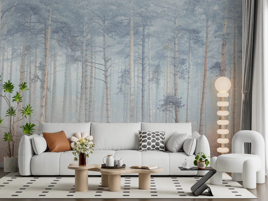Living room with Pine Forest Serenity Wall Mural in a misty woodland scene