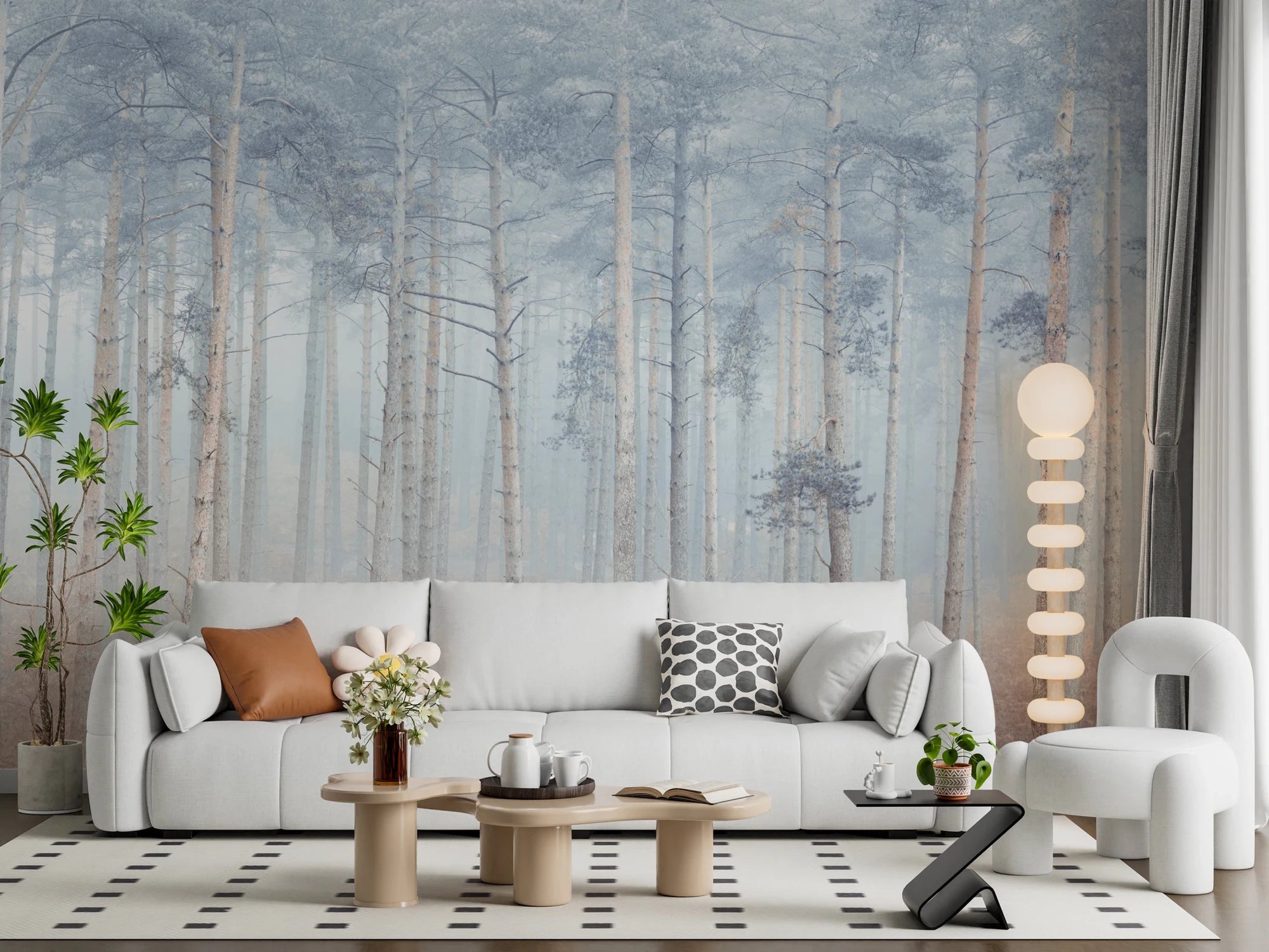 Living room with Pine Forest Serenity Wall Mural in a misty woodland scene, GD8841