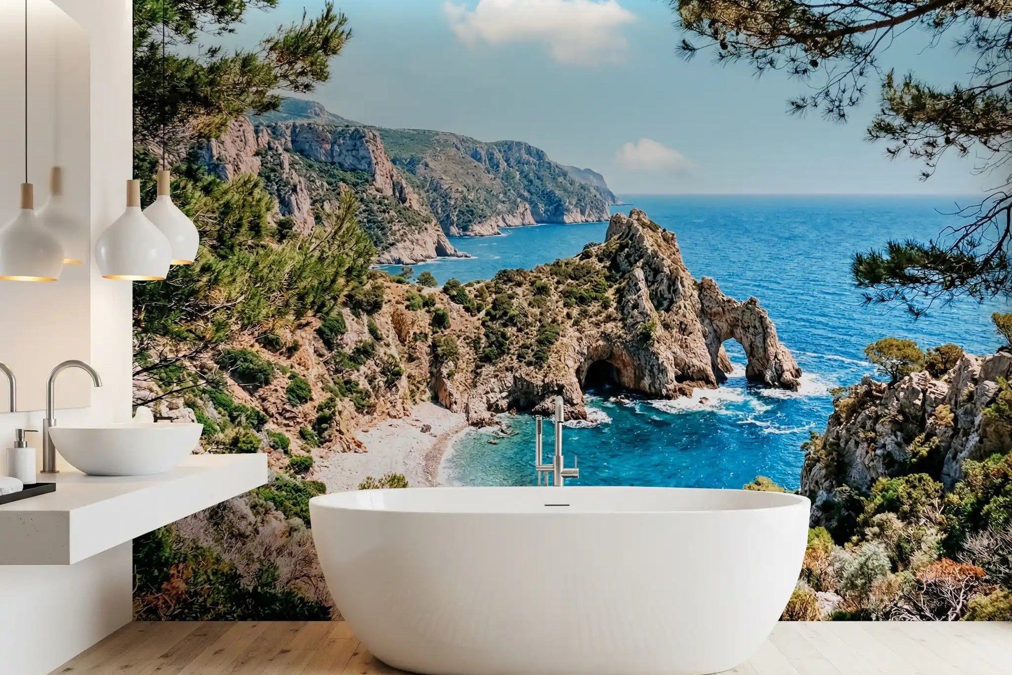 Bathroom Pine Azure Coast wall mural with scenic shore and trees, GD9062