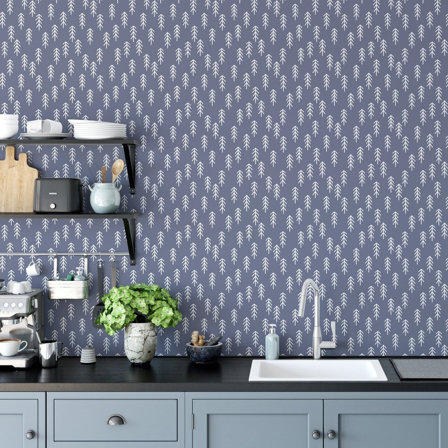 Navy Blue & White Scandinavian Pine Trees Wallpaper - Giffywalls A979