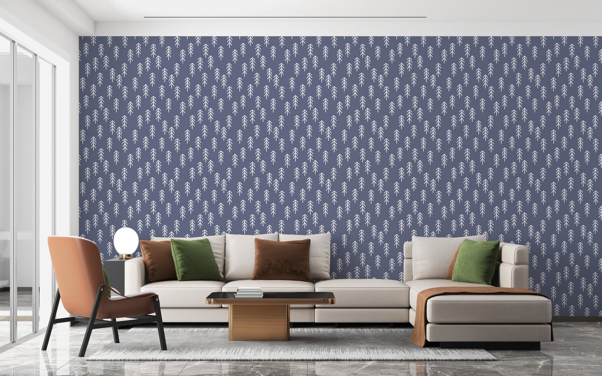 Crisp white pine trees on navy wallpaper A979
