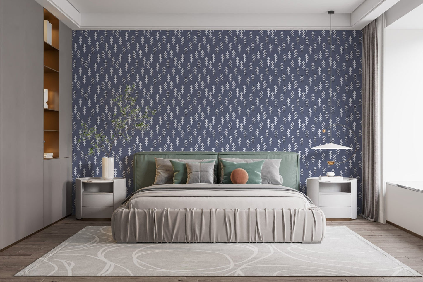 Navy and white pine tree wallpaper design A979