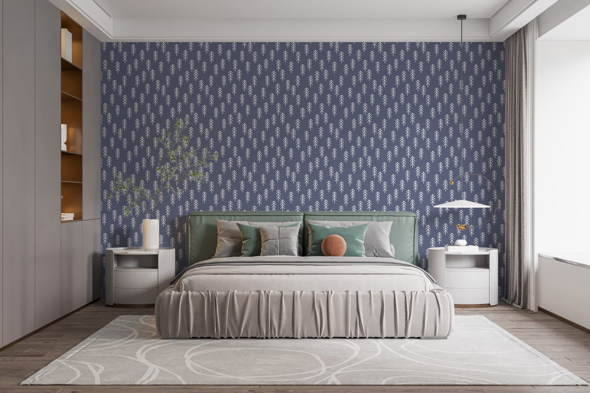 Navy and white pine tree wallpaper design A979